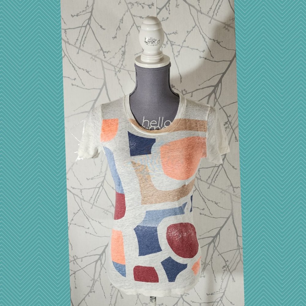 J. Crew White Colorful Mosaic Printed 100% Linen Crewneck Tee